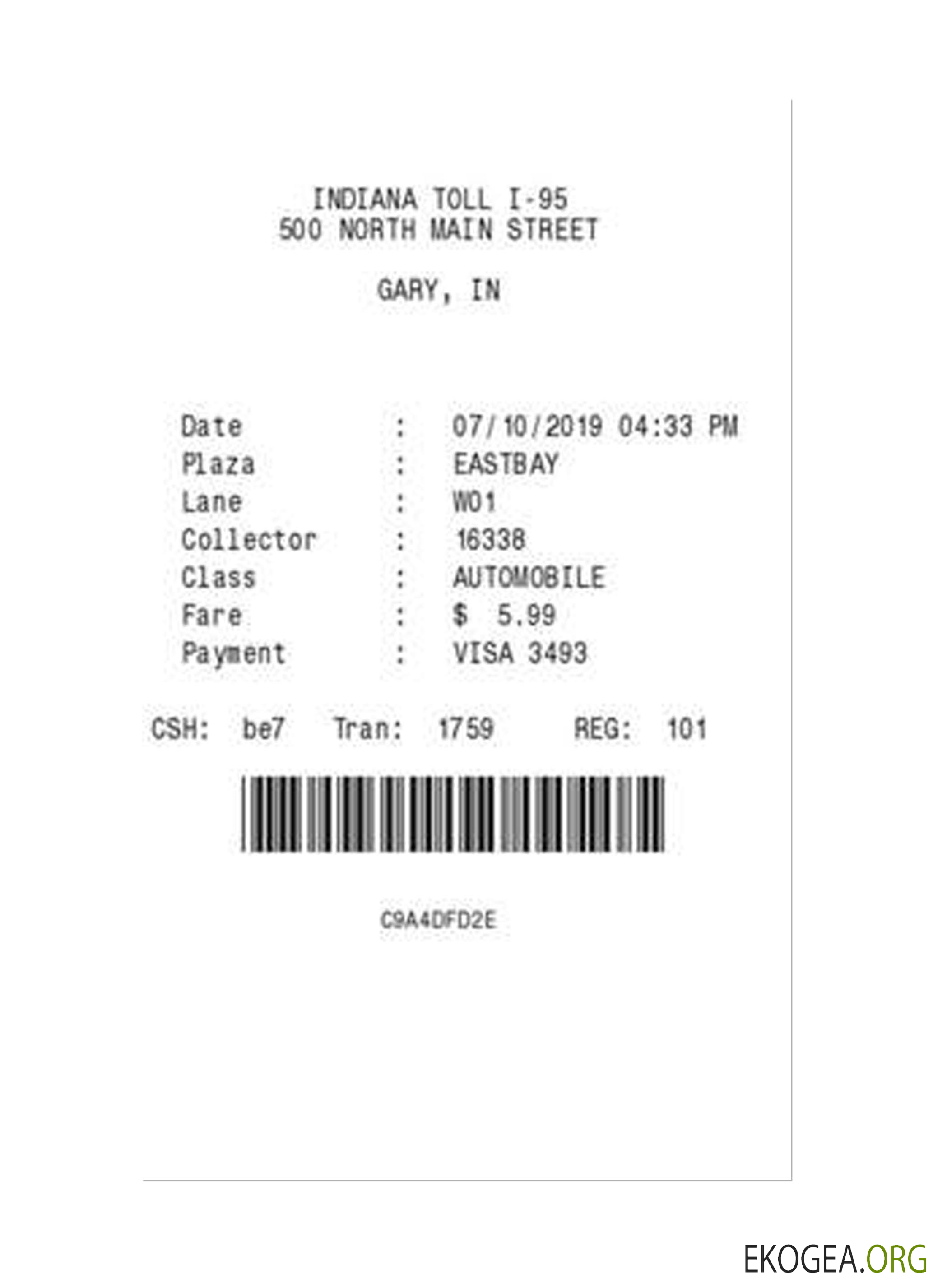 Chèque de paiement INDIANA TOLL